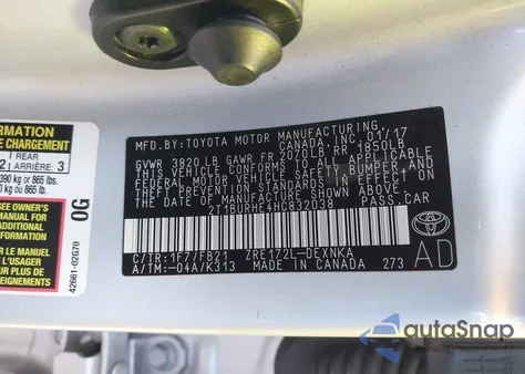 2017 Toyota Corolla Le из США, поврежденный, VIN 2T1BURHE4HC832038